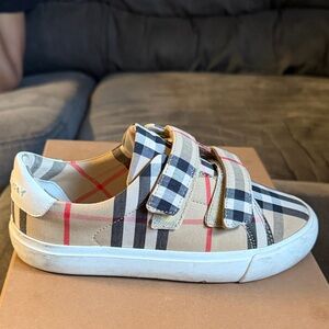 Burberry Beige & Black Vintage Check Kids Sneakers with Red Accents